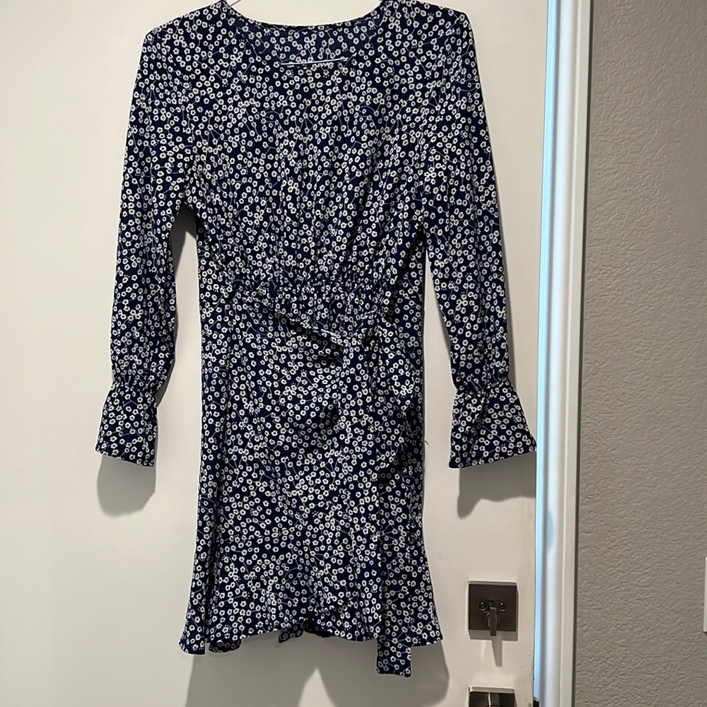 Royal blue and white flower long sleeve tie dress